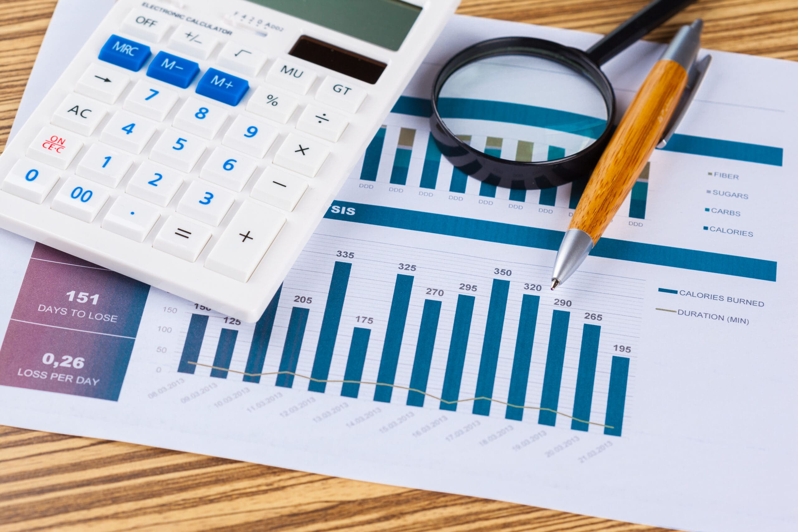 Calculator and magnifying glass on the table