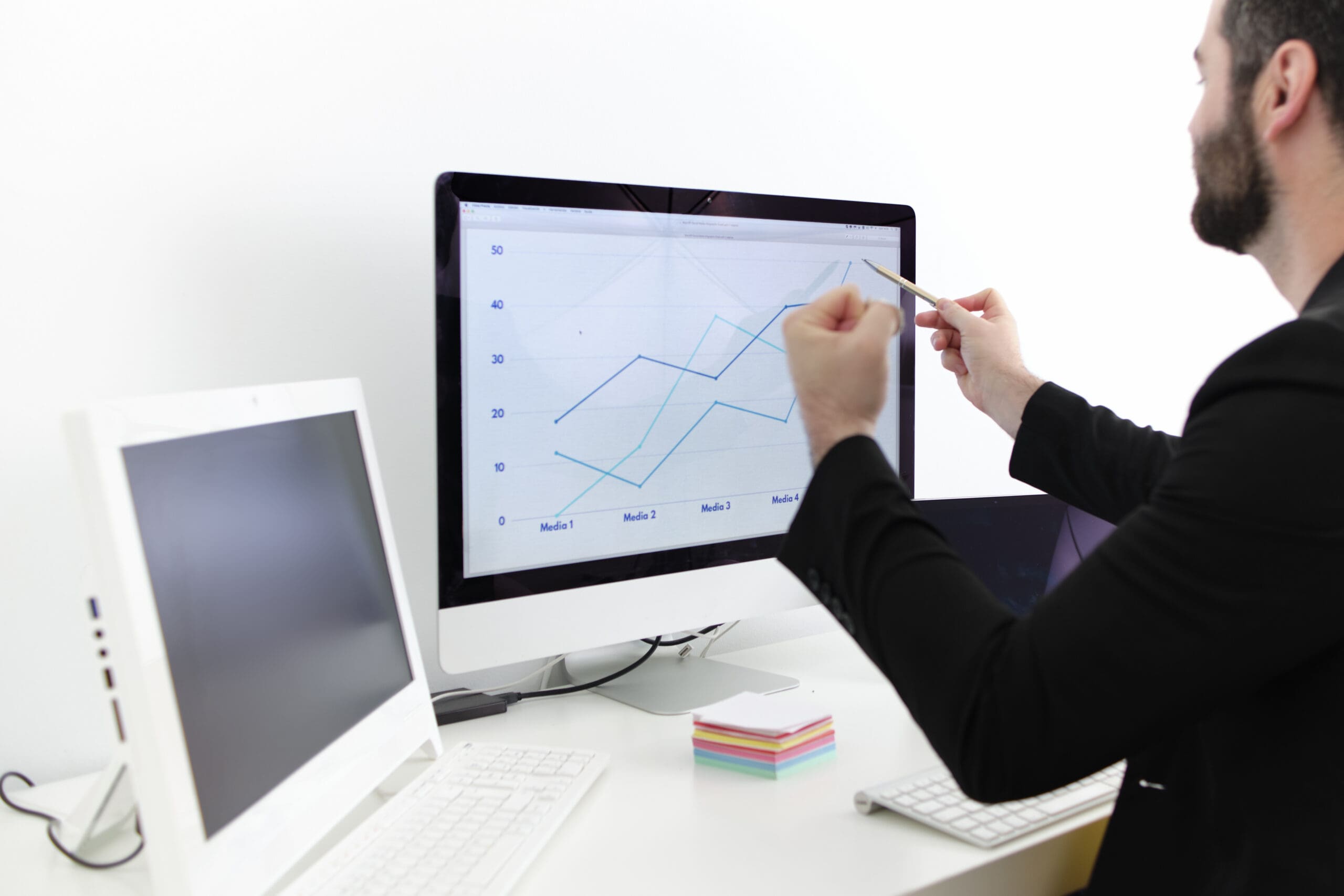 A Caucasian businessman making a success fist and pointing at the sales graph on a computer screen with a pen